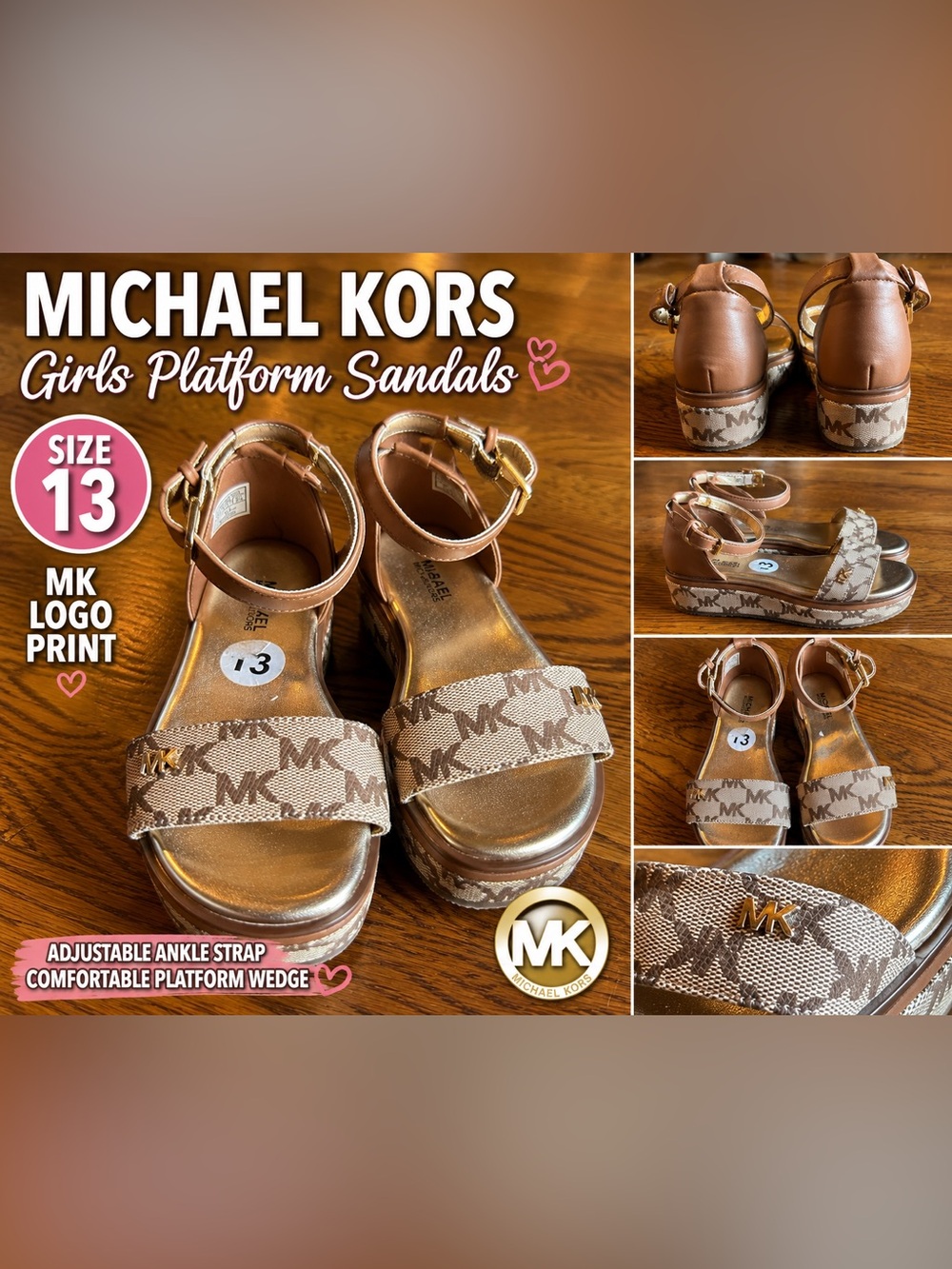 Michael Kors Girls Platform Sandals Size 13 Brown MK Logo Wedge Sandals